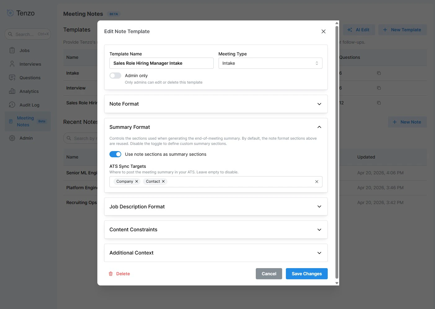 Template editor scrolled to the Summary Format section for interview templates, showing note sections toggle, custom sections, and ATS sync target options