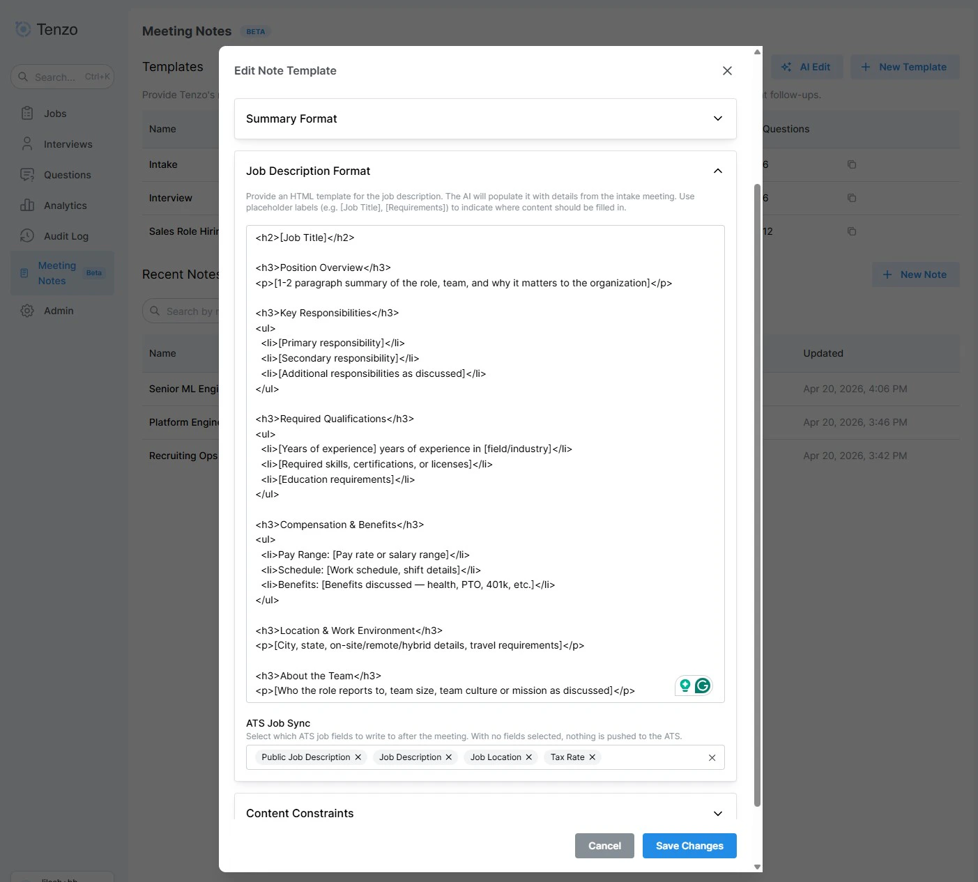 Template editor scrolled to the Job Description Format section showing the HTML job description template and the ATS Job Sync checkbox list