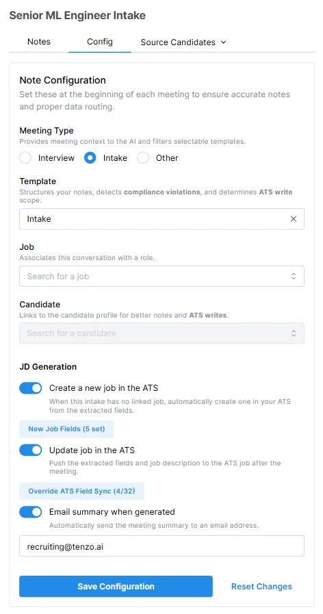 Note Configuration tab showing Meeting Type, Template, Job, Candidate, and JD Generation settings