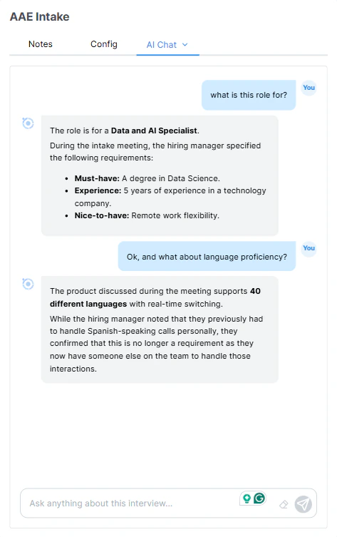 AI Chat tab with a pending user question in the conversation
