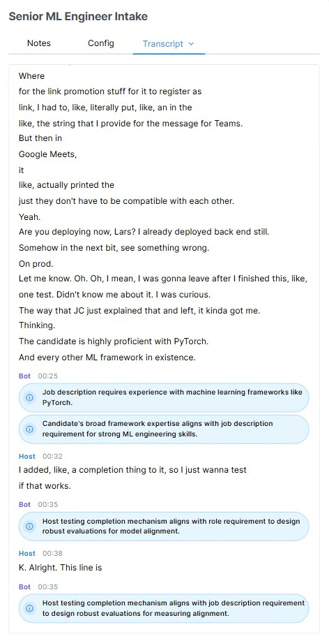 Transcript tab showing Bot and Host turns with timestamps and inline annotations