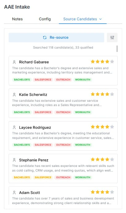 Source Candidates tab with the config drawer open, showing Requirements (required, preferred, nice-to-have), Location, Years in current career, Exclude recently contacted, ATS attributes, and Extracted attributes sections