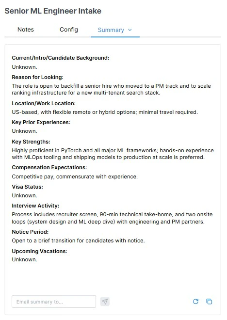 Summary tab showing a generated interview summary with template-driven sections