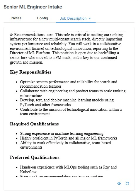 Job Description tab showing a generated JD rendered from the template against the intake conversation
