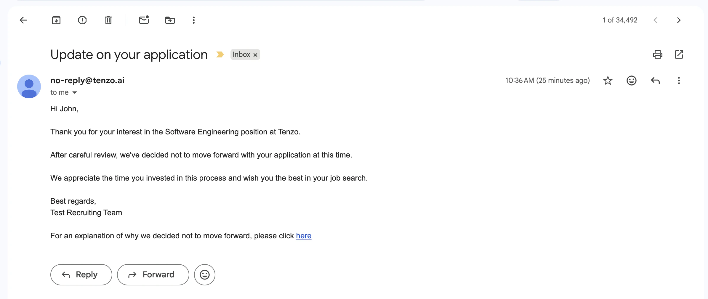 Example rejection email