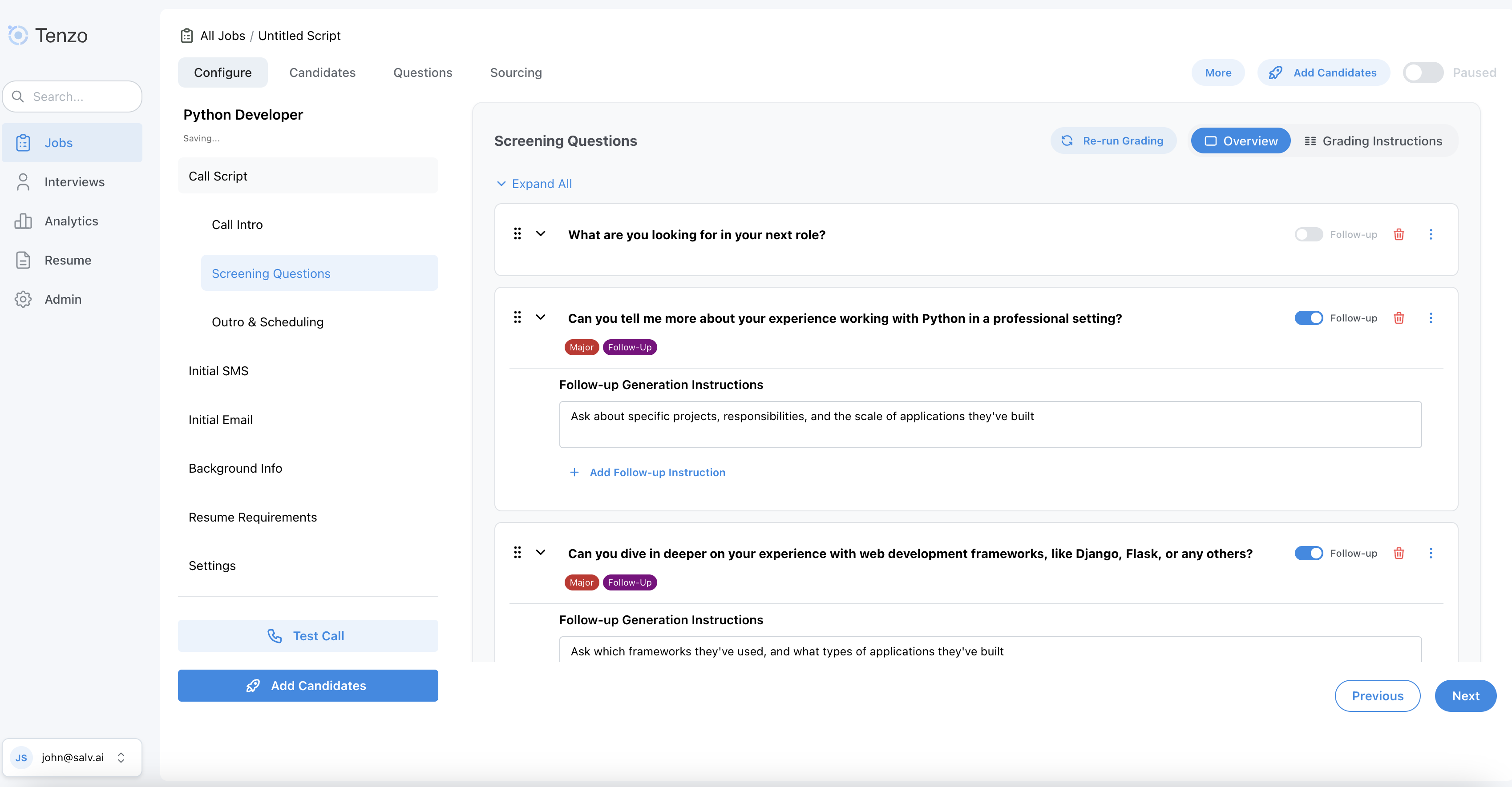 Generated interview questions in the script editor
