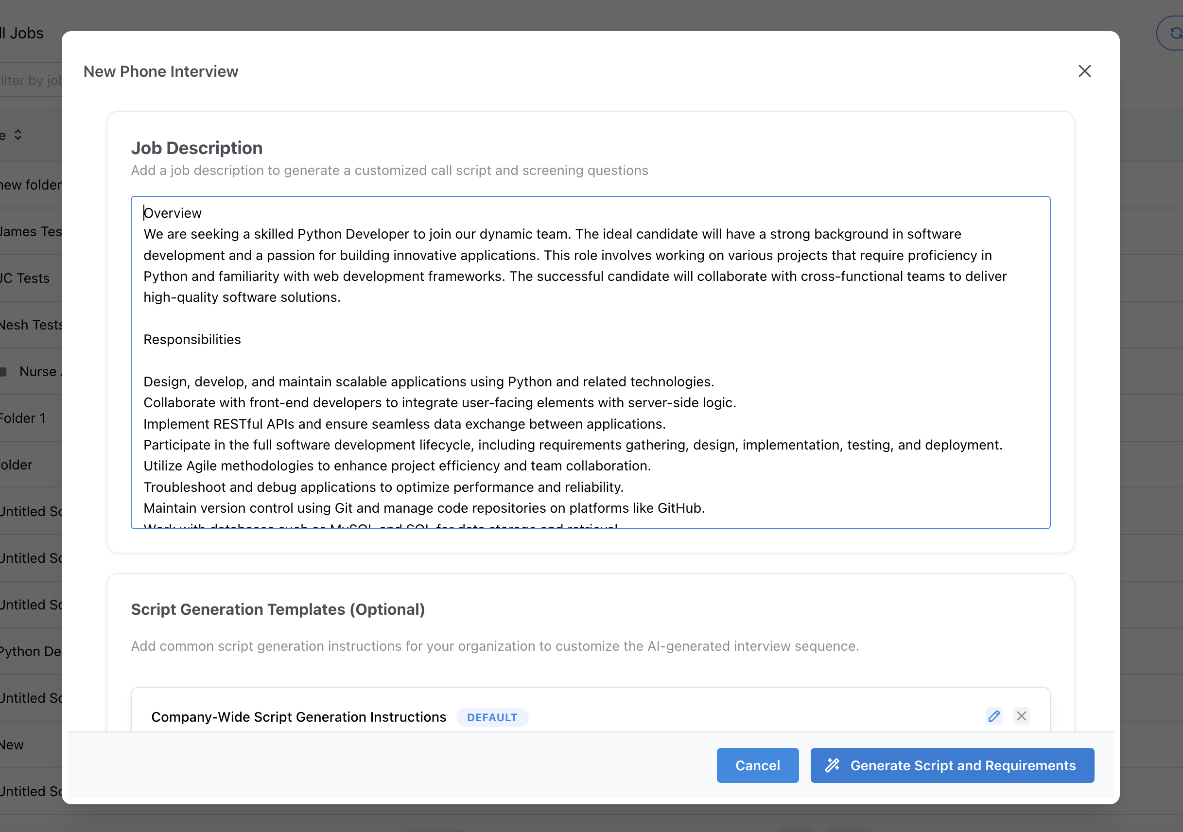 Job description and generation configuration screen