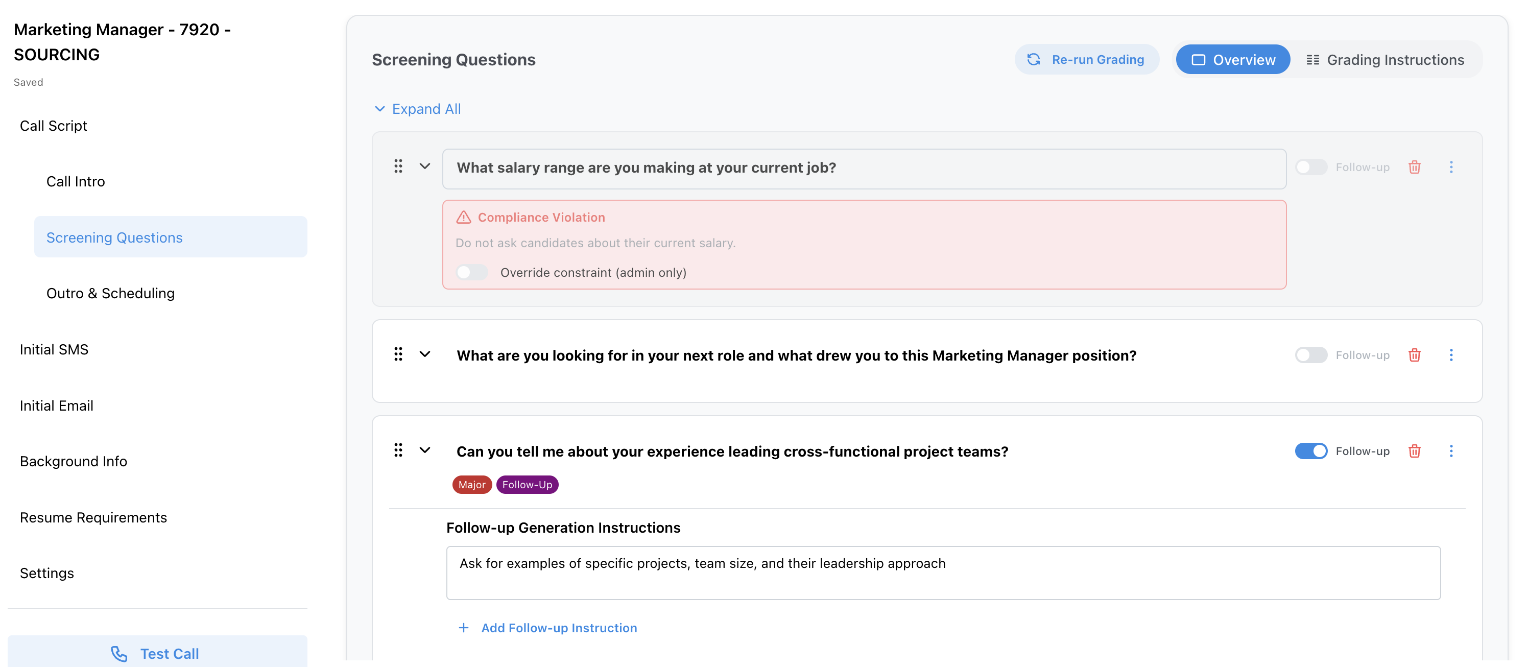 Example of a question constraint violation warning in the job editor