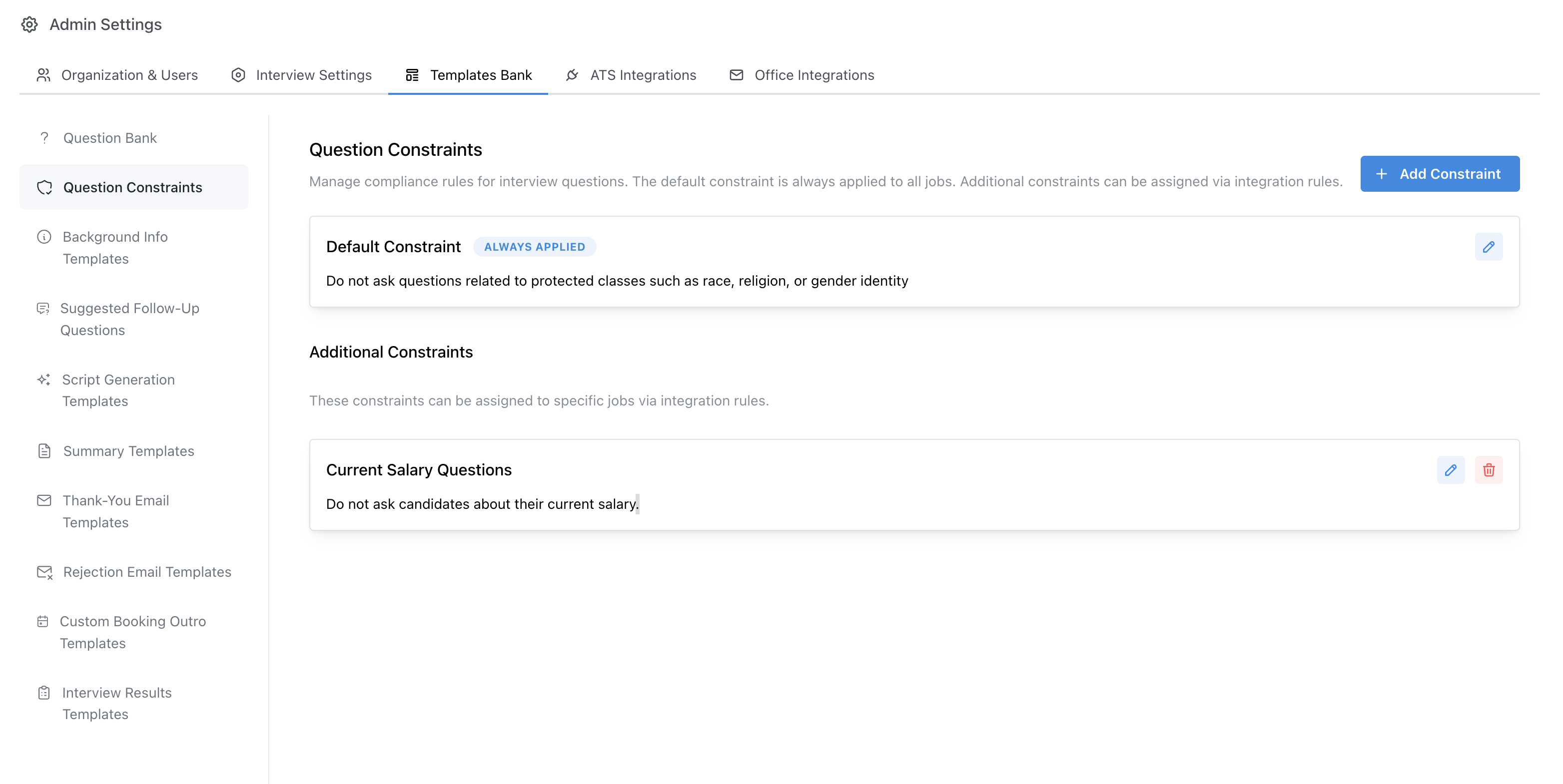 Configure Question Constraints in the templates UI