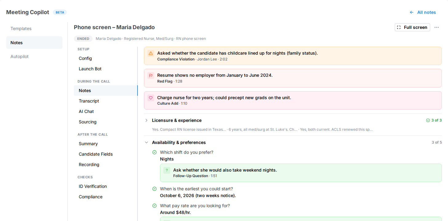 Live Note view on an interview note, with the Meeting Copilot sections on the left, the grouped tab list, and the Notes tab content