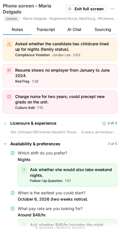 Interview note in full screen in a narrow window, with the note name and Exit full screen at the top, the Notes, Transcript, AI Chat, and Sourcing tabs, and the Notes tab content