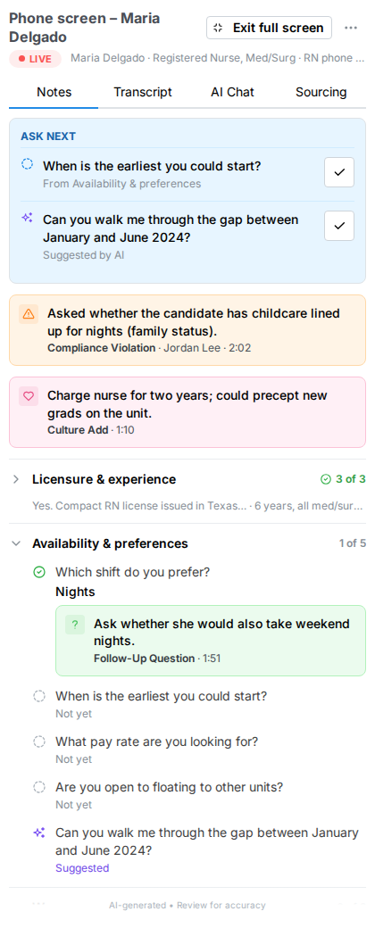 Notes tab during a live call in a narrow window, with two annotations at the top, the Ask next card, the answered count, a finished section folded to one line, an annotation under an answered question, and open questions reading Not yet