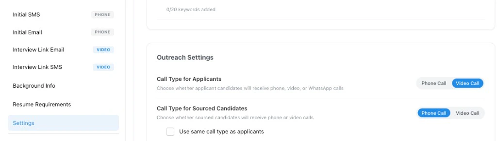 Outreach Settings showing separate call type controls for applicants and sourced candidates