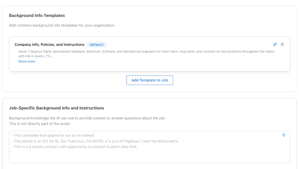 Background Info step showing reusable background info templates and job-specific background info instructions