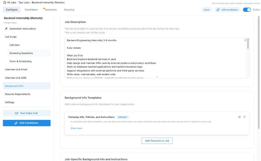 Background Info step showing job description context and background info templates