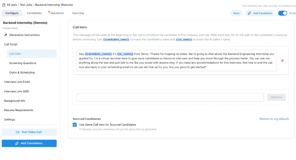 Call Intro step showing editable intro lines and sourced candidate intro options