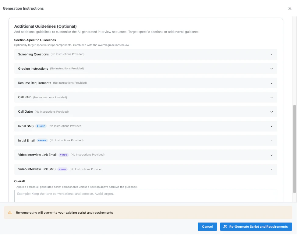 Generation Instructions modal showing section-specific guidelines for screening questions, grading instructions, resume requirements, call intro, call outro, and outreach messages