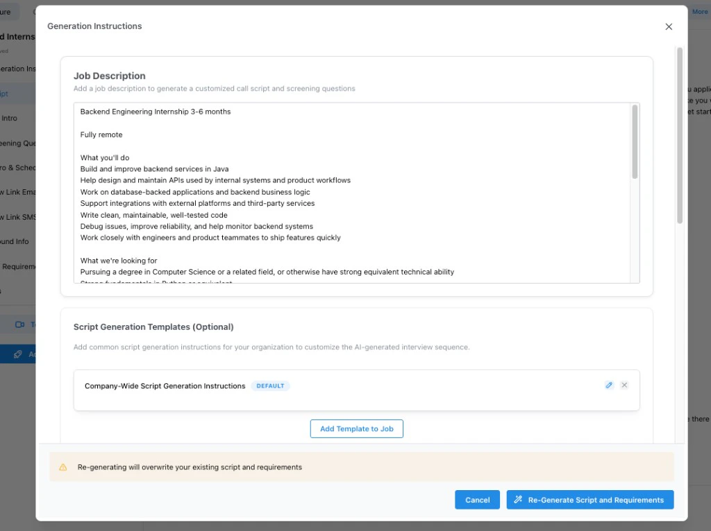 Generation Instructions modal with a job description, script generation templates, and the regenerate button