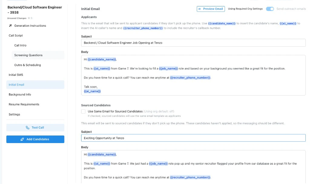 Initial Email step for phone interviews showing applicant and sourced candidate email templates