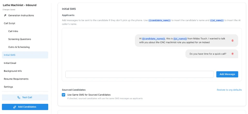 Initial SMS step for phone interviews showing applicant SMS messages