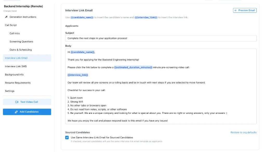 Interview Link Email step showing subject and body fields with candidate name, interview link, and estimated duration variables