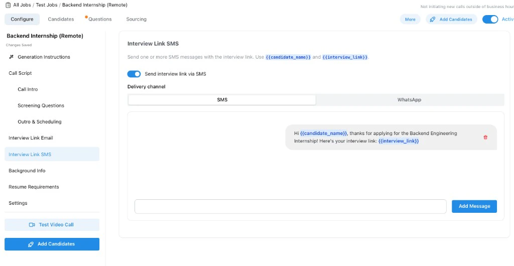 Interview Link SMS step showing SMS and WhatsApp delivery channels and an interview link message