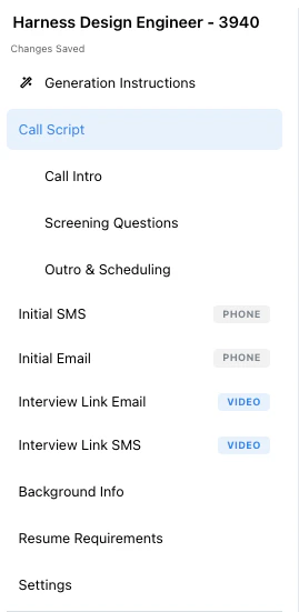 Configure sidebar showing Phone badges for Initial SMS and Initial Email and Video badges for Interview Link Email and Interview Link SMS