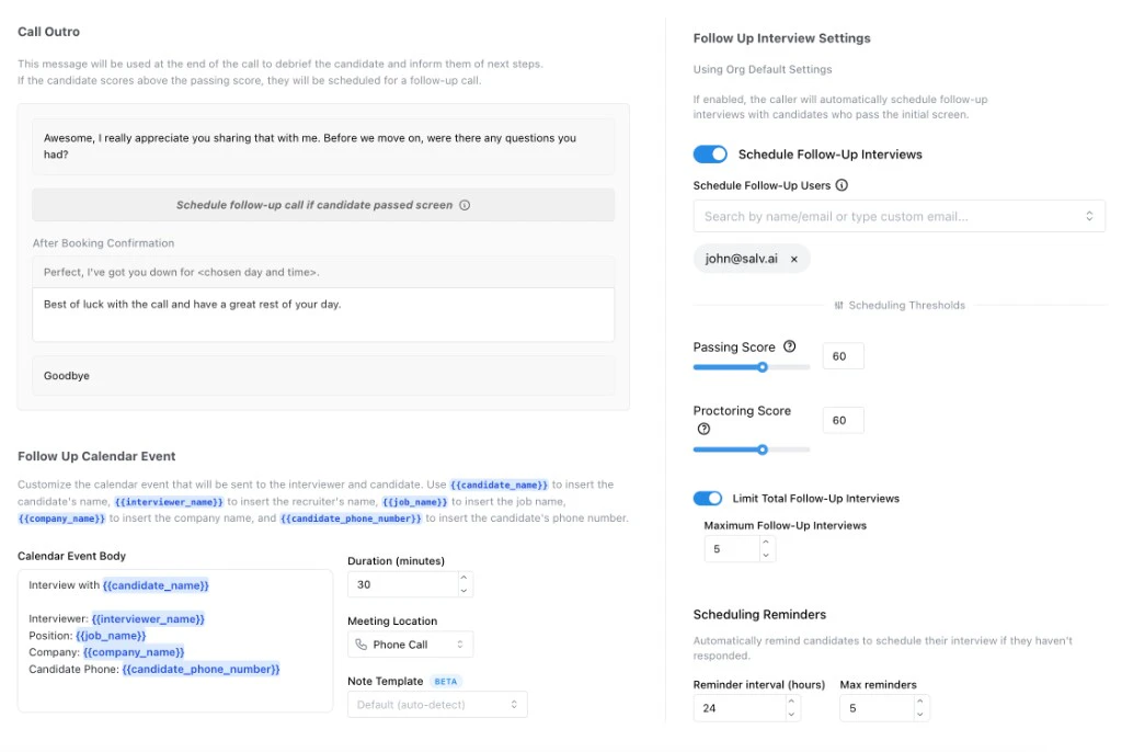 Outro and Scheduling step showing call outro text, follow-up calendar event details, scheduling thresholds, limits, and reminders