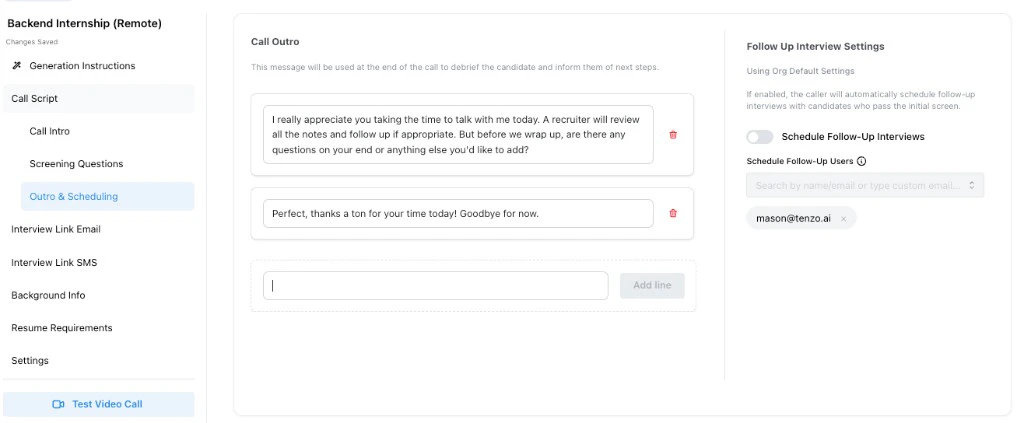 Outro and Scheduling step showing closing messages and follow-up interview scheduling settings