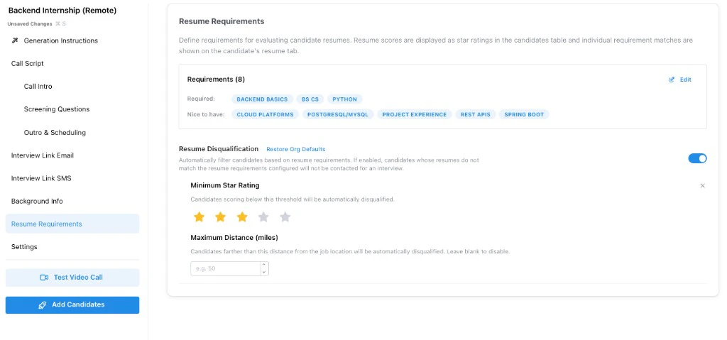 Resume Requirements step showing required and nice-to-have resume criteria plus resume disqualification settings