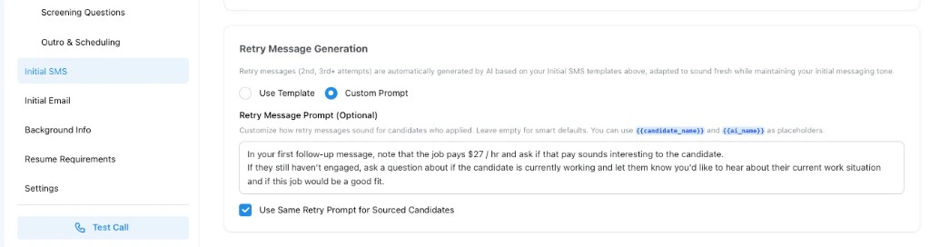 Retry Message Generation settings for phone interview SMS follow-up messages