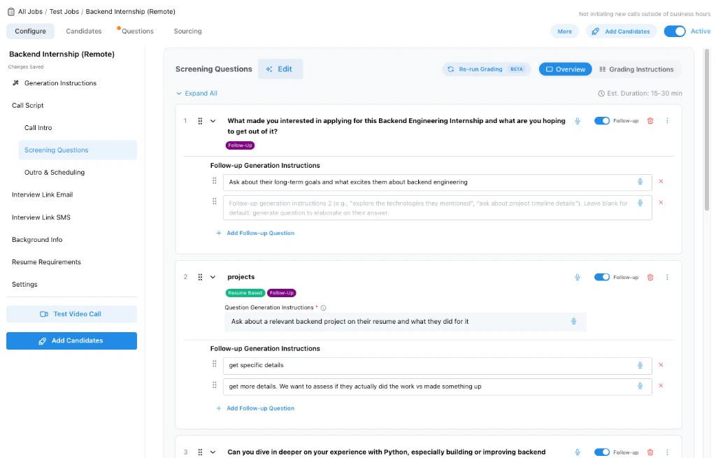 Screening Questions step showing editable questions, follow-up generation instructions, and resume-based question labels