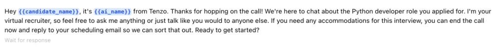 Script preview showing candidate name and AI name variables in the call intro