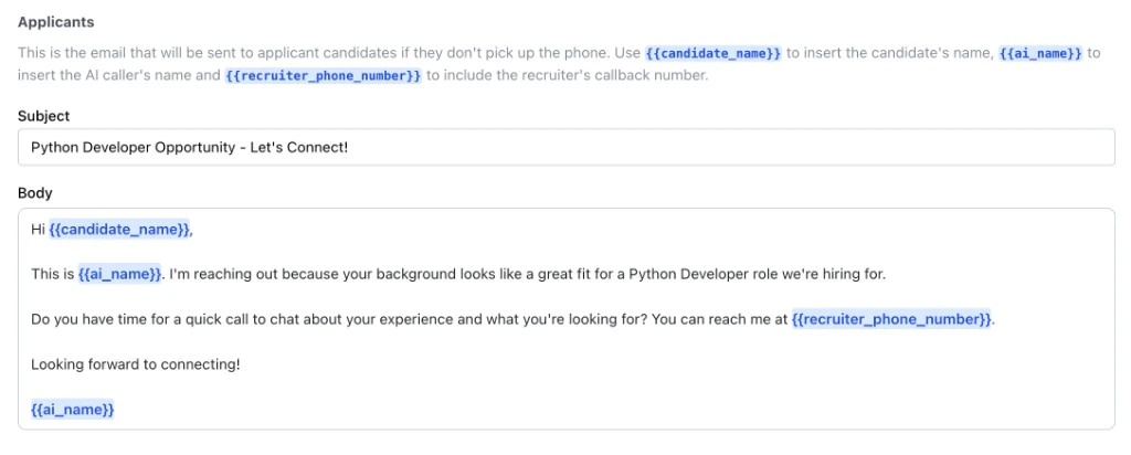Initial Email showing candidate name, AI name, and recruiter phone number variables