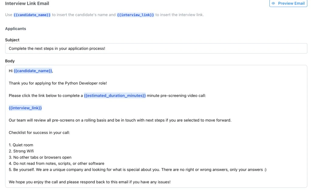 Interview Link Email showing candidate name, interview link, and estimated duration variables
