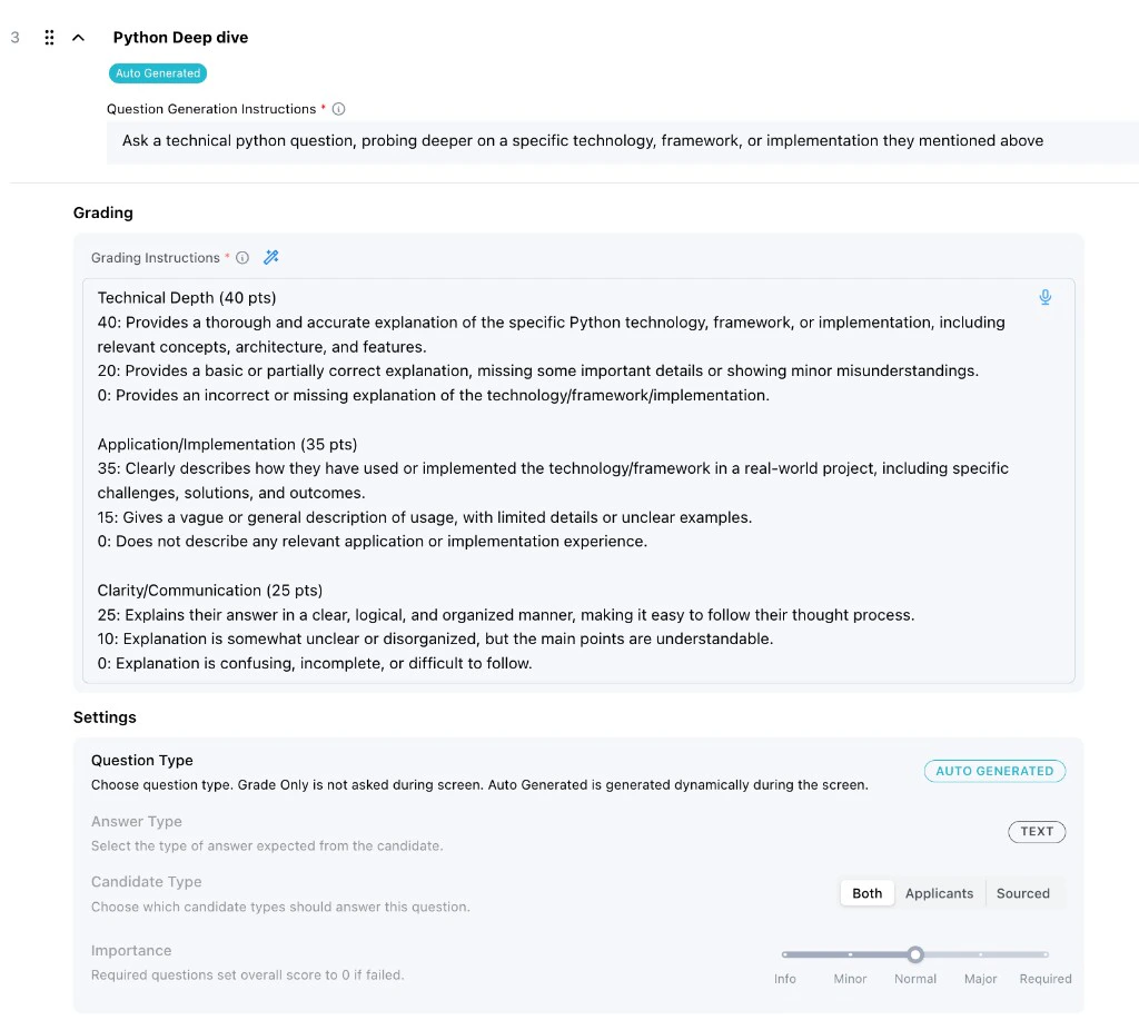 Auto Generated question with question generation instructions and grading instructions
