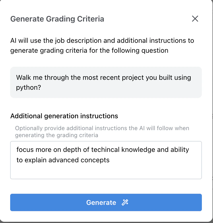 Generate Grading Criteria modal with additional generation instructions