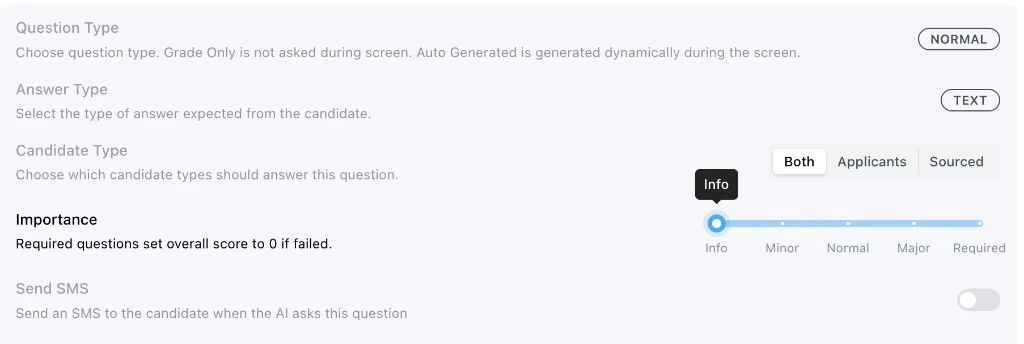 Importance slider showing Info, Minor, Normal, Major, and Required levels