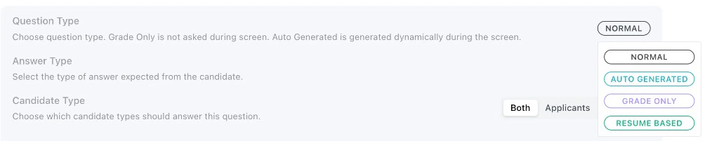 Question Type menu showing Normal, Auto Generated, Grade Only, and Resume Based options