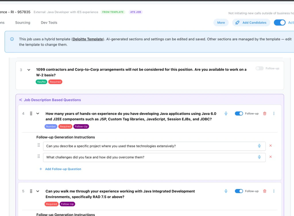 Derived job from a hybrid template showing template-managed questions and editable AI-generated questions