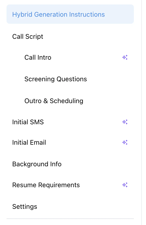 Configure sidebar showing AI-generated sections with sparkle icons