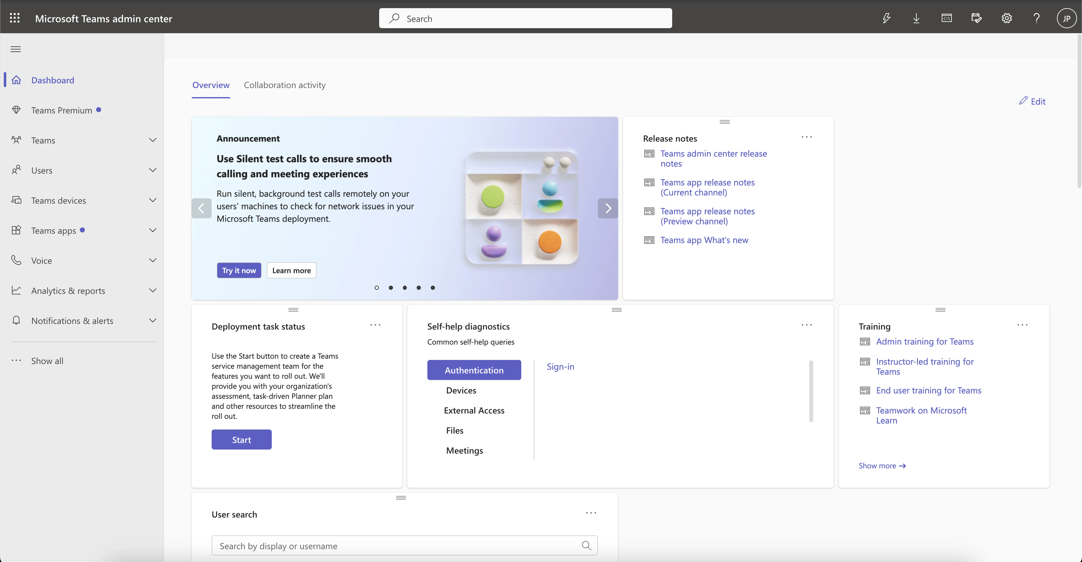Teams admin center dashboard