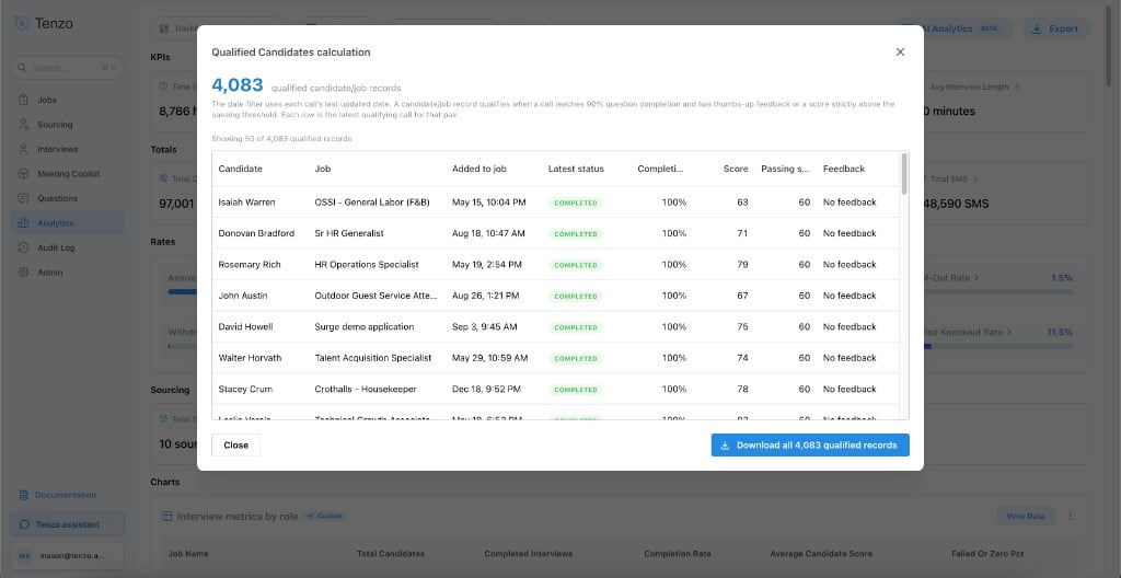 Qualified Candidates calculation showing a preview of records and a download of every matching record