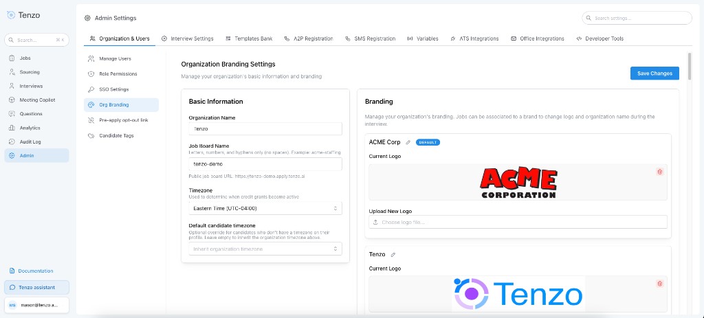 Organization Branding Settings with organization name on the left and brand profiles on the right