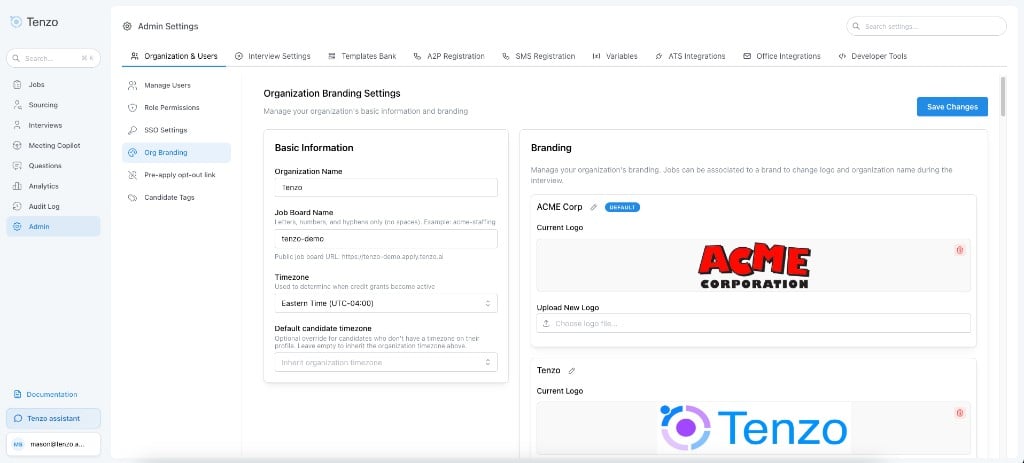 Organization Branding Settings with organization name on the left and brand profiles on the right