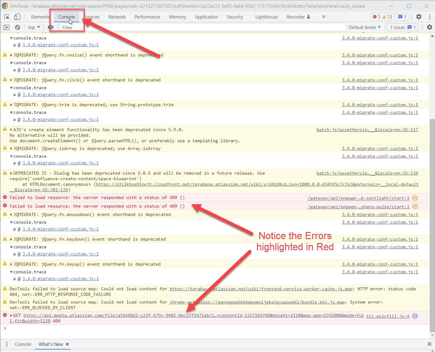 Chrome Developer Console with errors highlighted in red