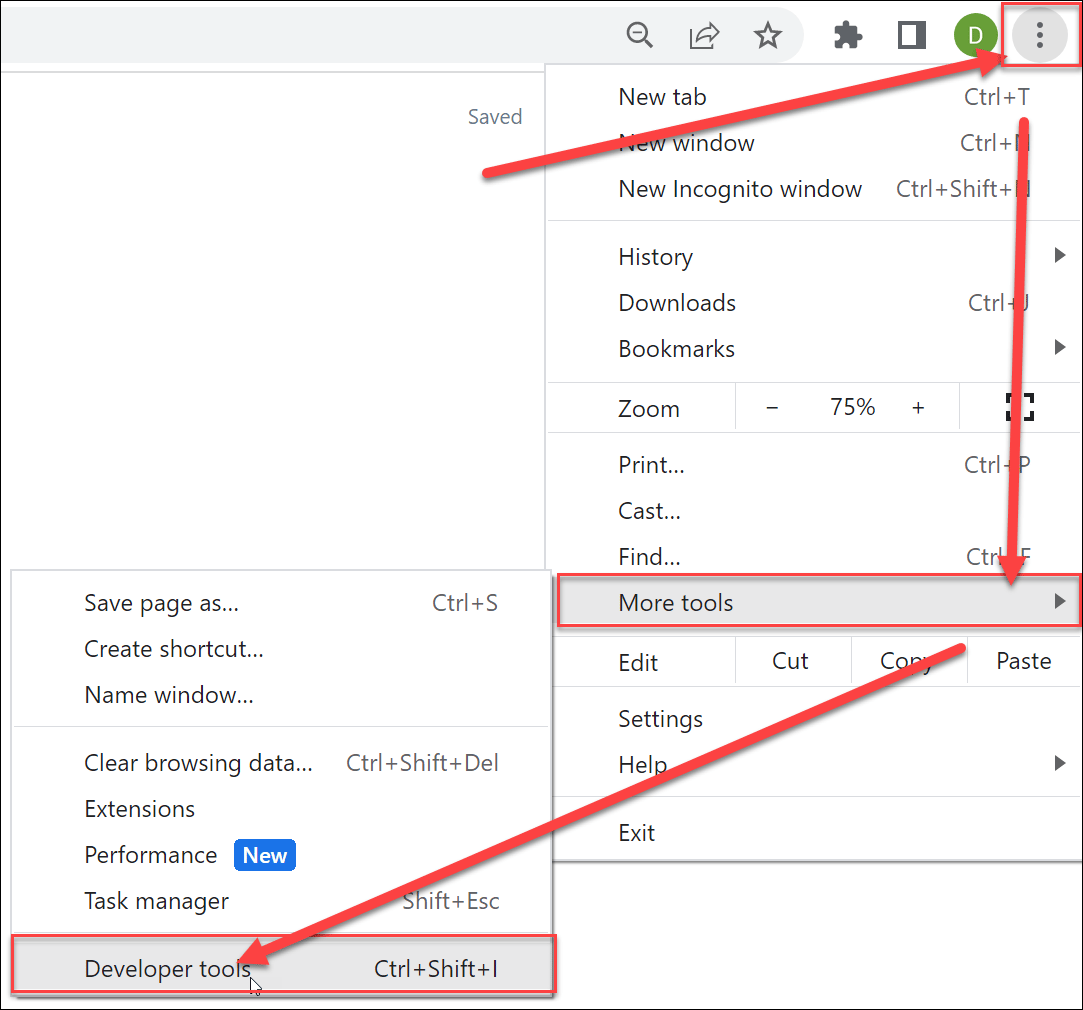Chrome menu navigation path to More tools then Developer tools