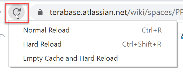 Chrome reload menu showing Normal Reload, Hard Reload, and Empty Cache and Hard Reload