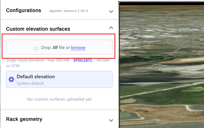 Terrain Pro Custom elevation surfaces panel showing the drop area for uploading a .tif file alongside the Default elevation option