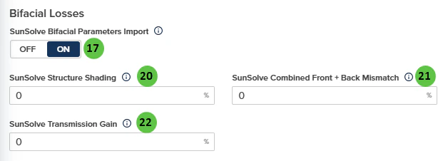 Bifacial Losses with SunSolve import on: SunSolve Structure Shading, Combined Front + Back Mismatch, and Transmission Gain